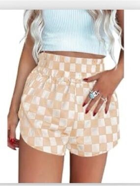 Checkerboard High-Waist Checkerboard Shorts - Beige